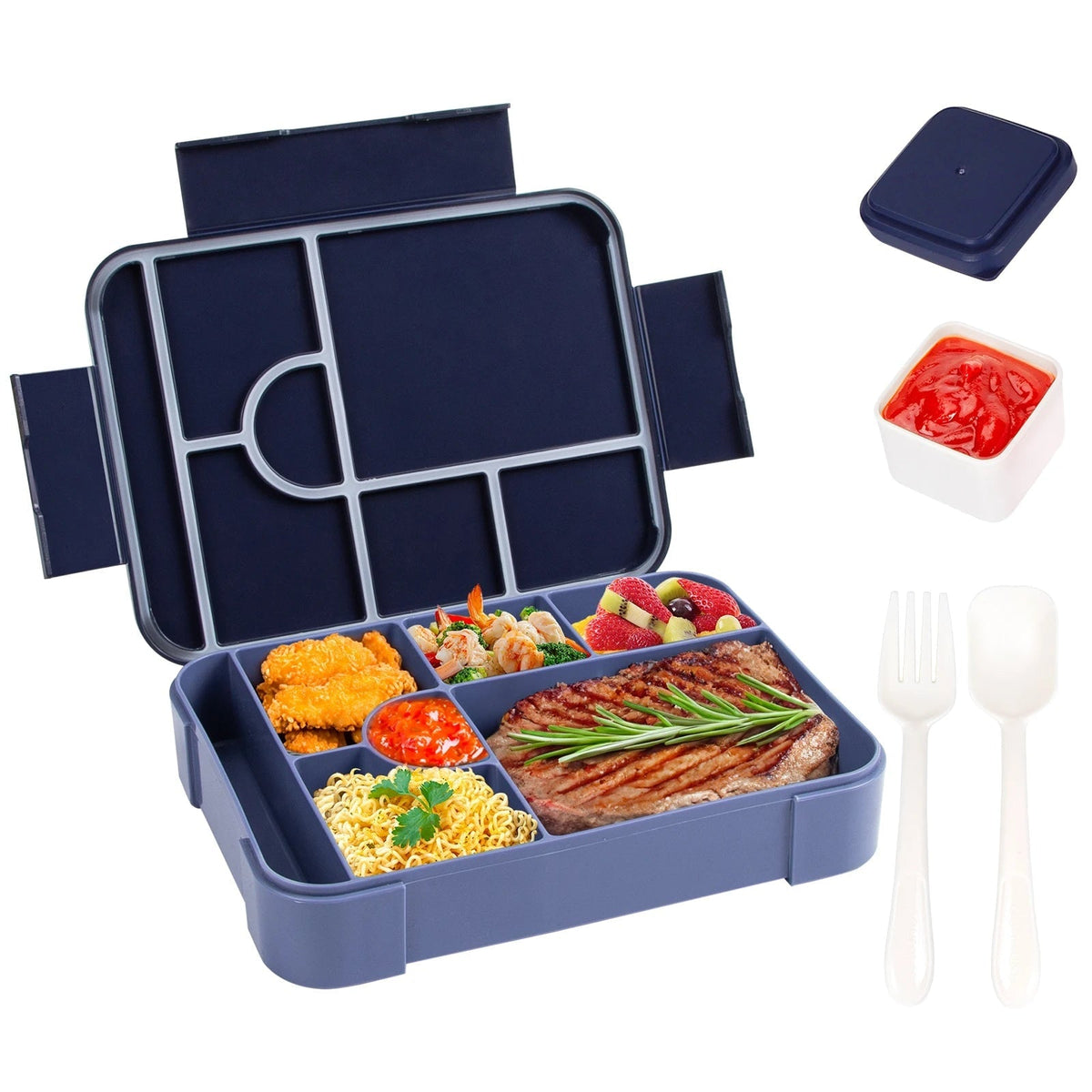 Leak-Proof Bento Lunch Box with 7 Compartments Cutlery and Sauce Container Microwave Safe