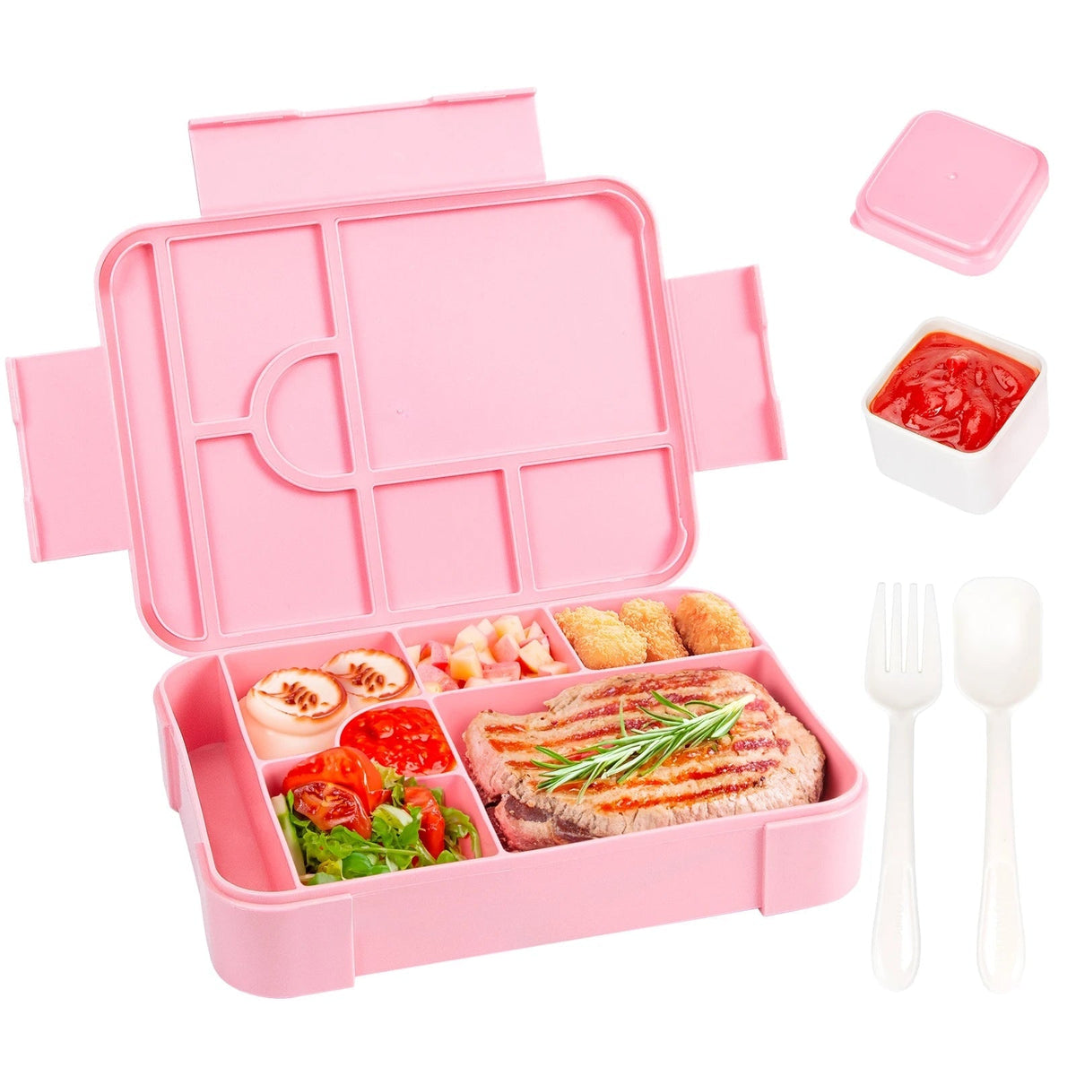 Leak-Proof Bento Lunch Box with 7 Compartments Cutlery and Sauce Container Microwave Safe