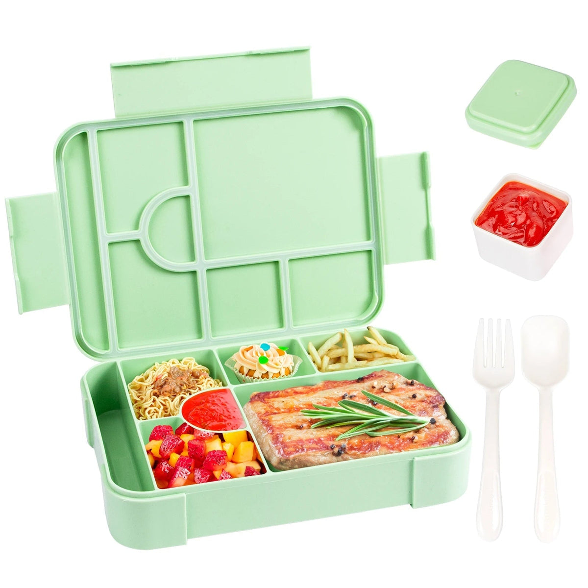 Leak-Proof Bento Lunch Box with 7 Compartments Cutlery and Sauce Container Microwave Safe