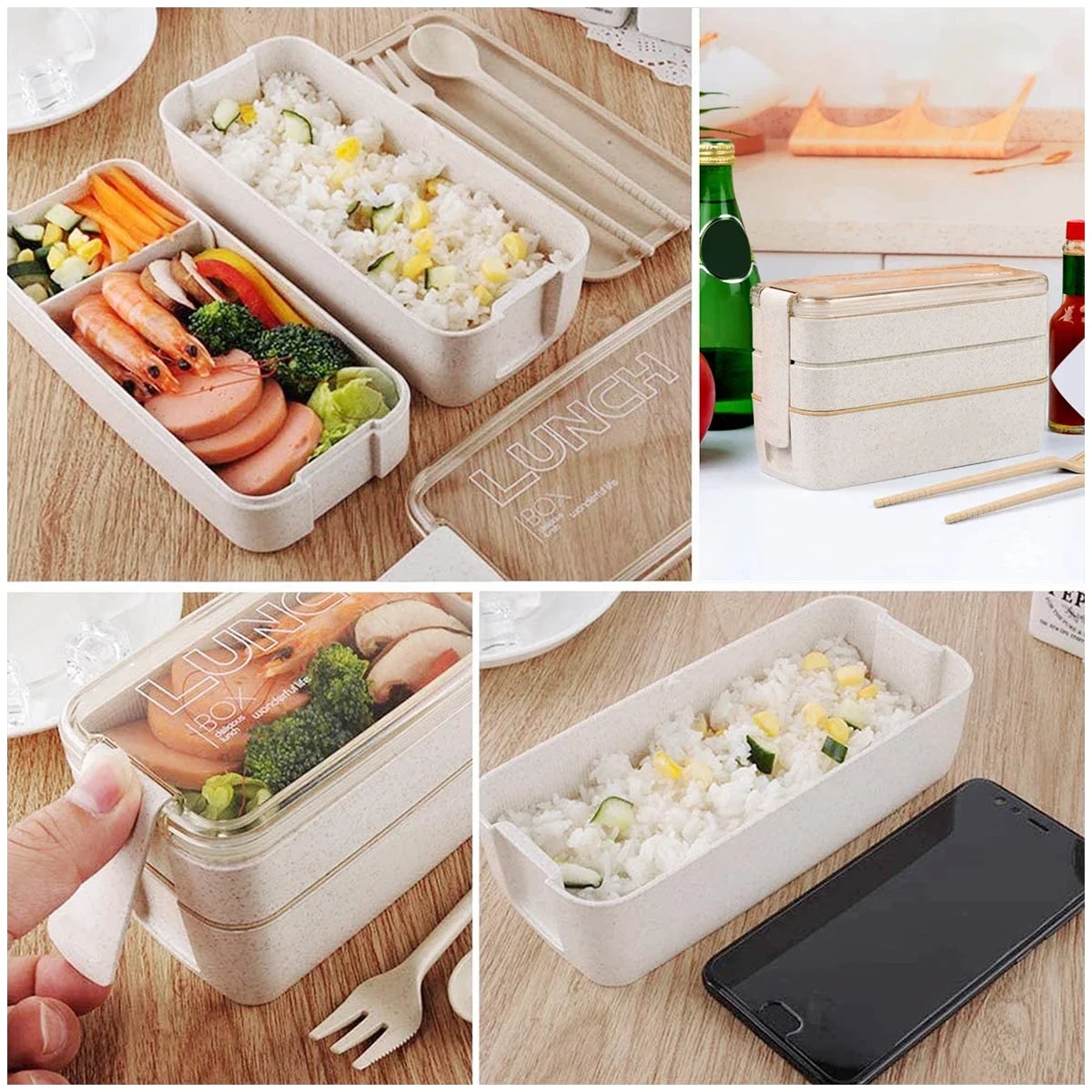 Bento Lunch Box Three Tier Stackable Leak Proof Compartment Container with Utensils