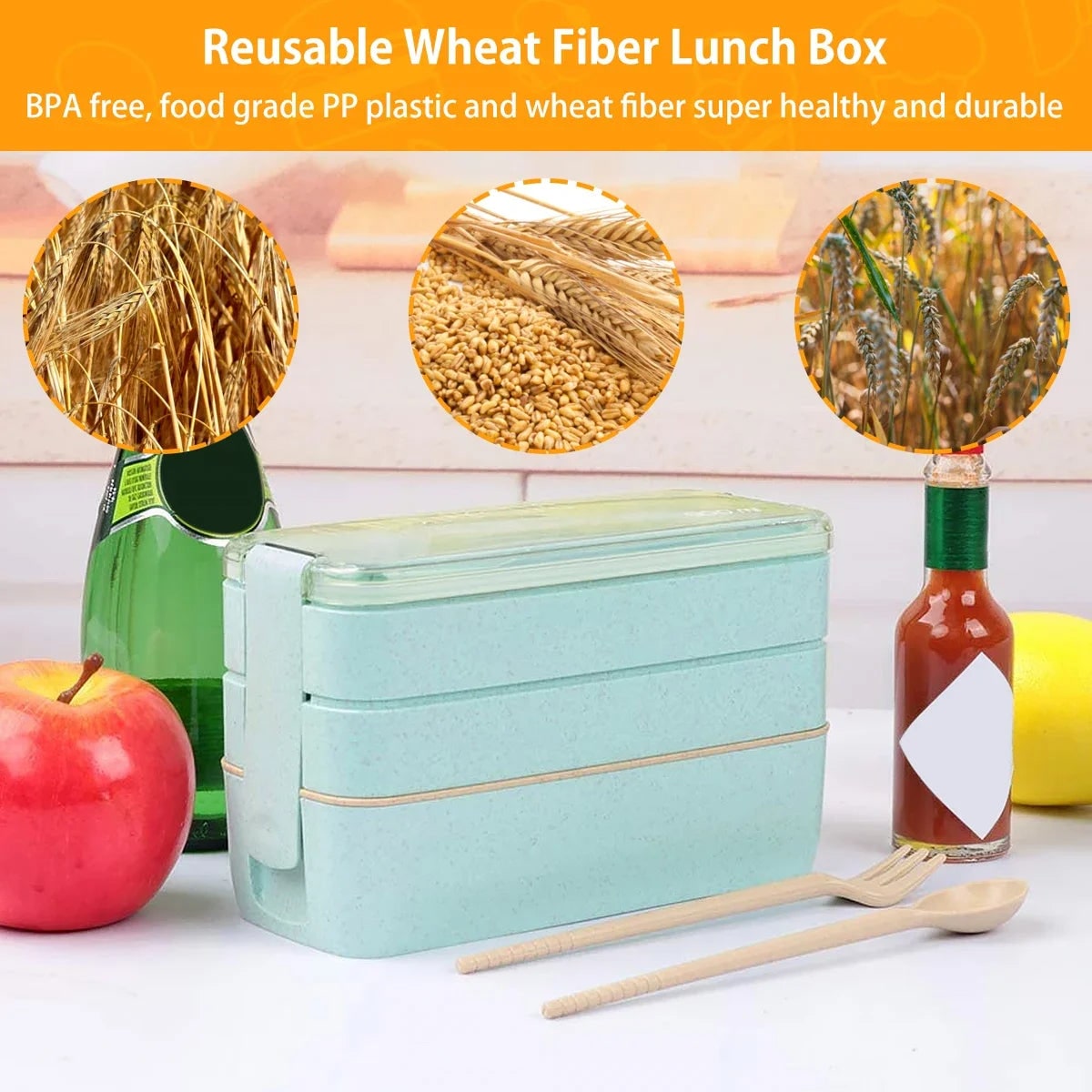 Bento Lunch Box Three Tier Stackable Leak Proof Compartment Container with Utensils