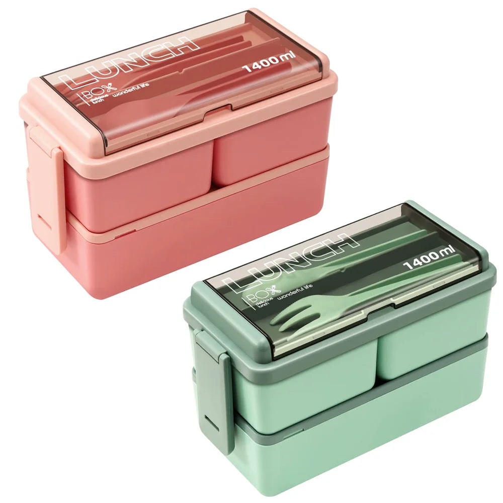 Bento Lunch Box Portable Double Layer with Compartments and Cutlery