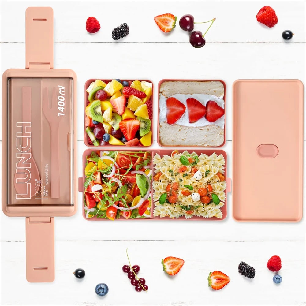 Bento Lunch Box Portable Double Layer with Compartments and Cutlery