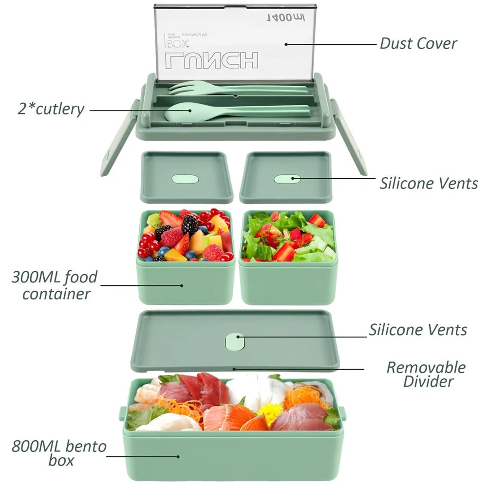Bento Lunch Box Portable Double Layer with Compartments and Cutlery