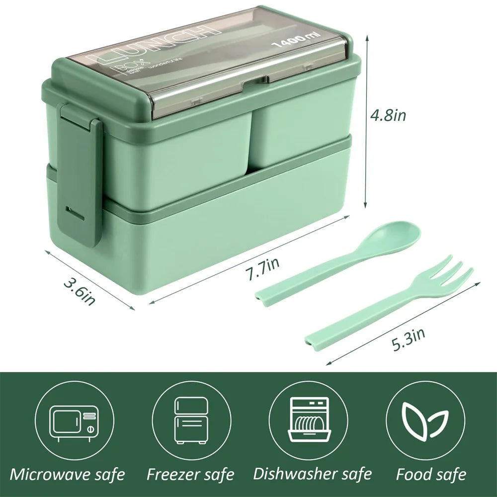 Bento Lunch Box Portable Double Layer with Compartments and Cutlery