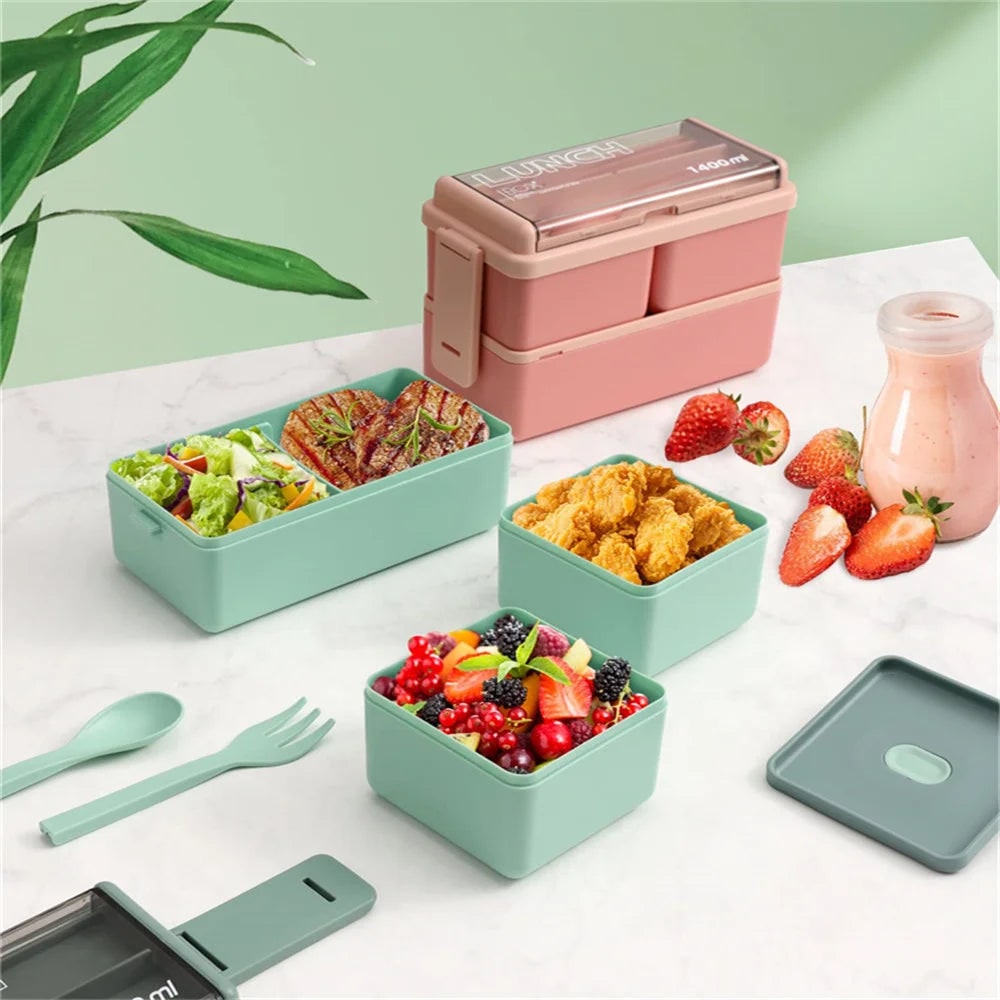 Bento Lunch Box Portable Double Layer with Compartments and Cutlery