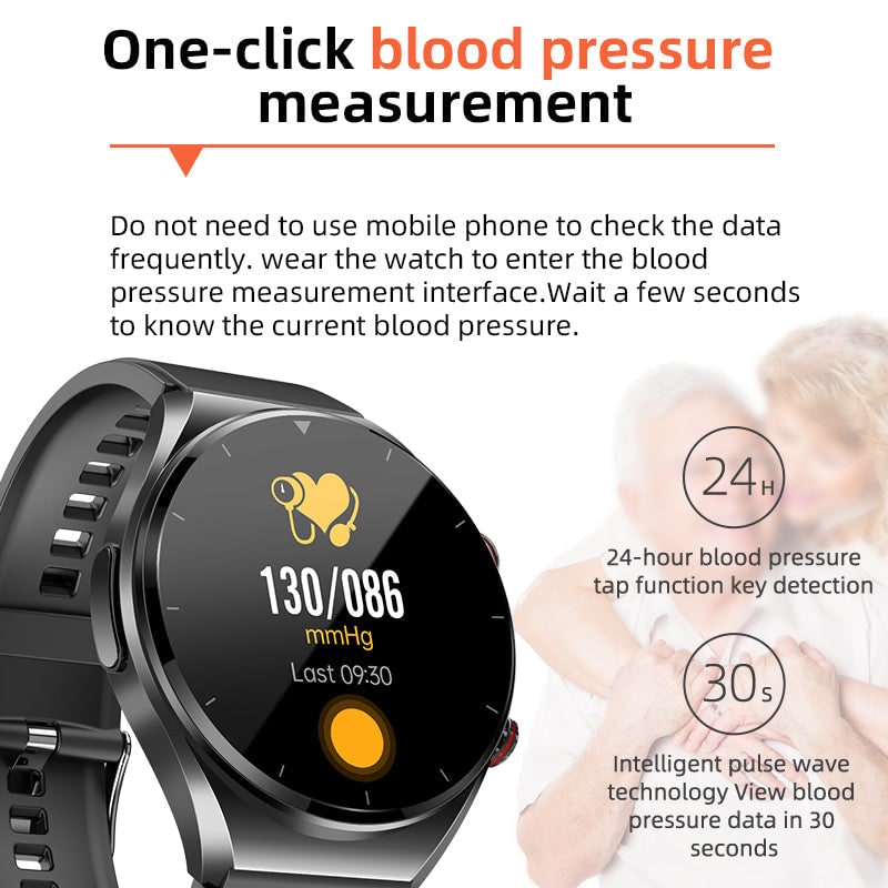 Blood Pressure Smartwatch Heart Rate Monitor Round Face Health Tracking Adjustable Ecg