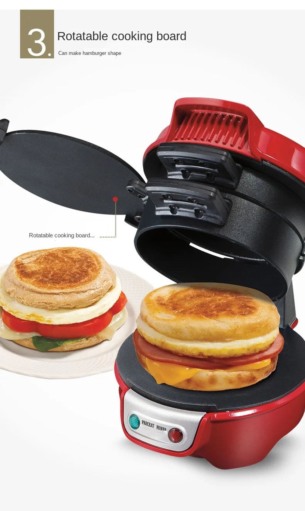 Breakfast Sandwich Maker and Panini Press Machine with Non-Stick Plates and Egg