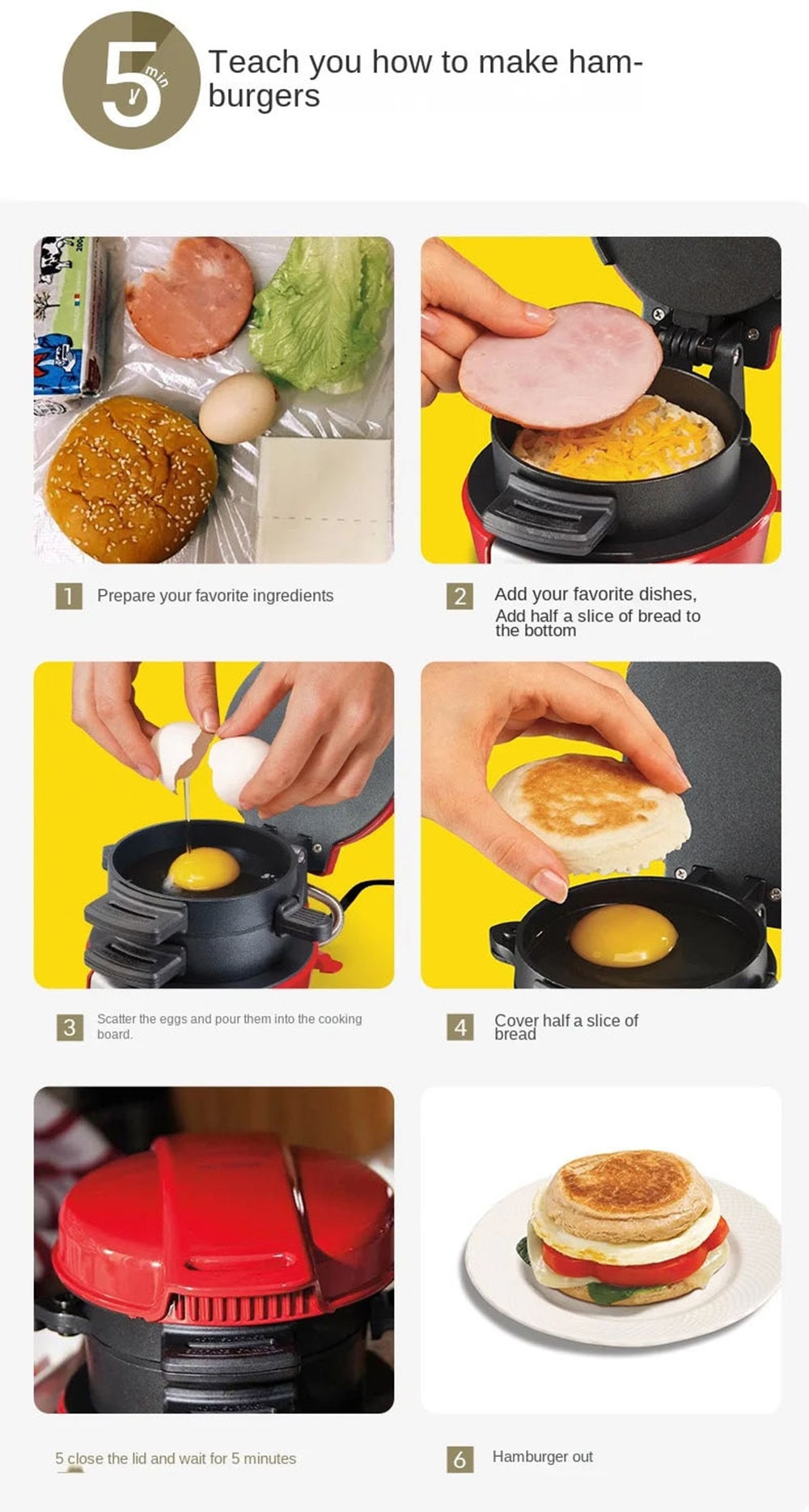 Breakfast Sandwich Maker and Panini Press Machine with Non-Stick Plates and Egg