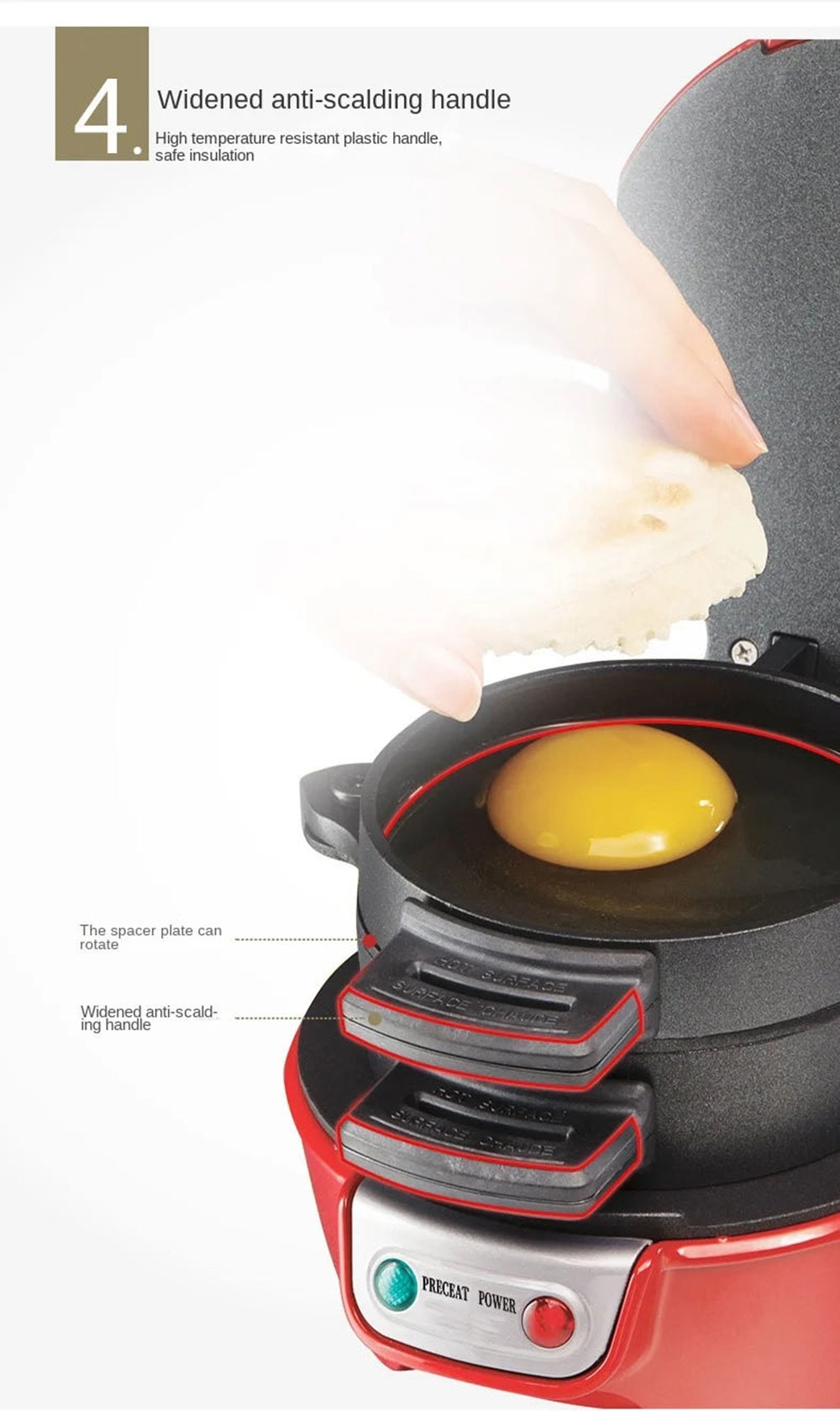 Breakfast Sandwich Maker and Panini Press Machine with Non-Stick Plates and Egg