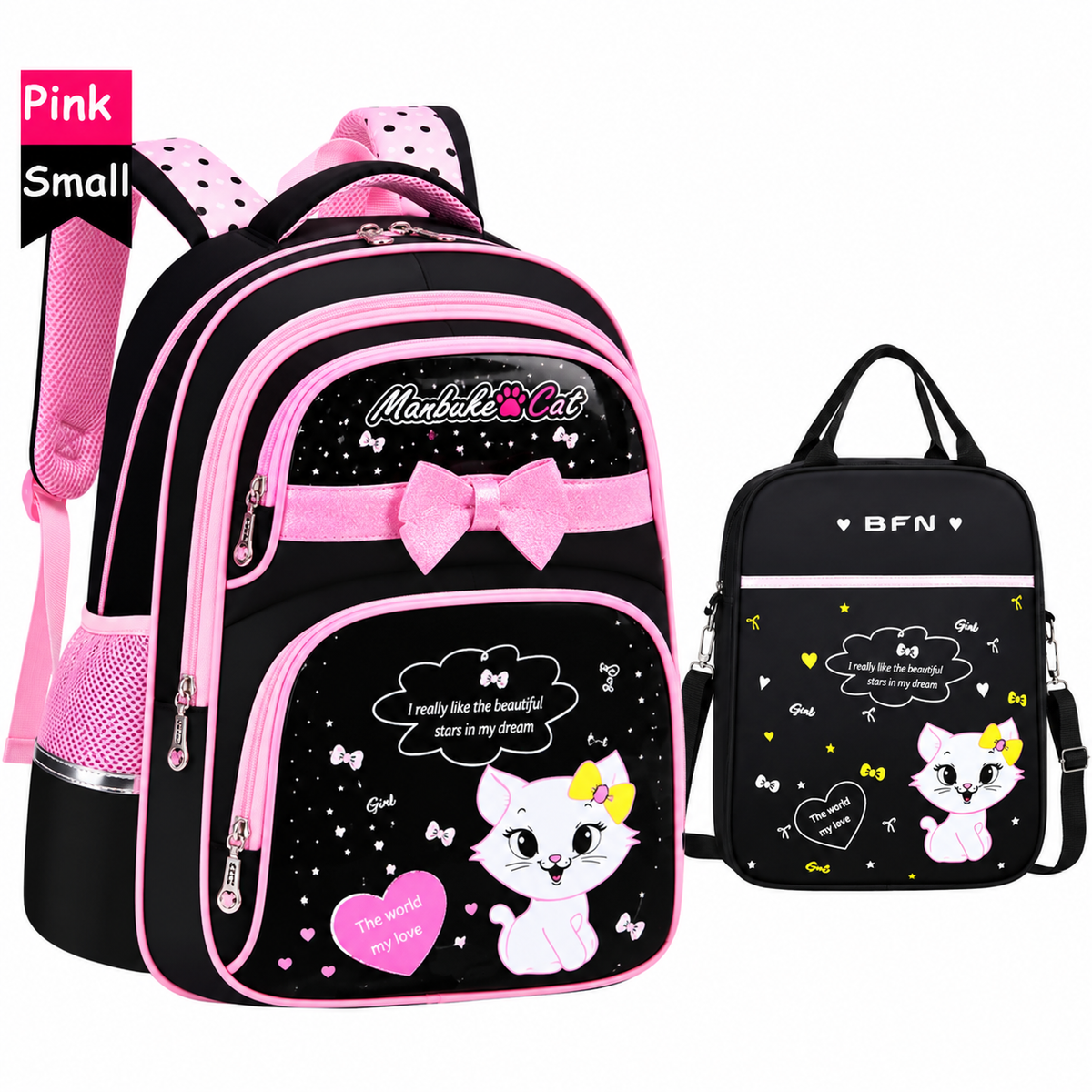 Kids' Lunch Box Backpack Set with Matching Pencil Case Cartoon Cat Print Waterproof and Bag Combo