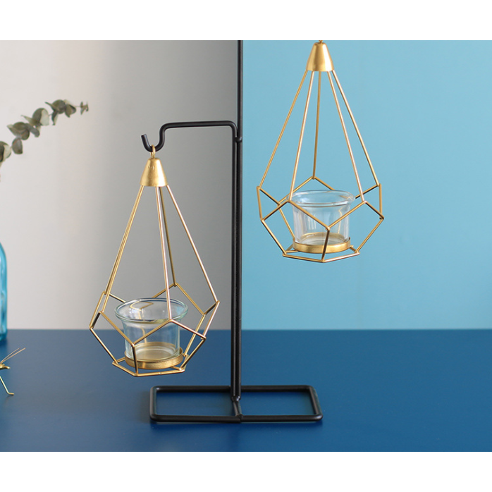 Candle Holder and Tealight with Modern Geometric Metal Frame and Gold Wire Cages