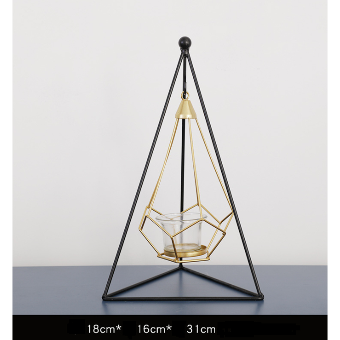 Candle Holder and Tealight with Modern Geometric Metal Frame and Gold Wire Cages