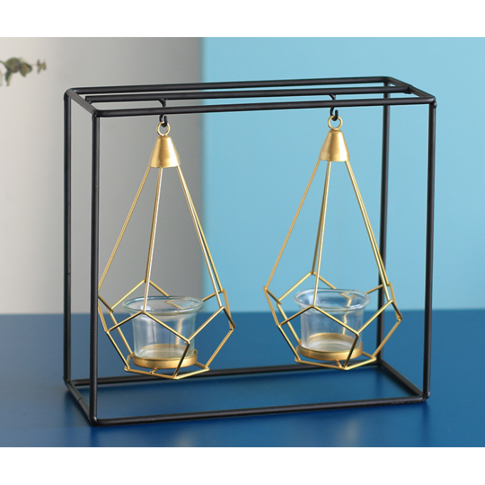 Candle Holder and Tealight with Modern Geometric Metal Frame and Gold Wire Cages