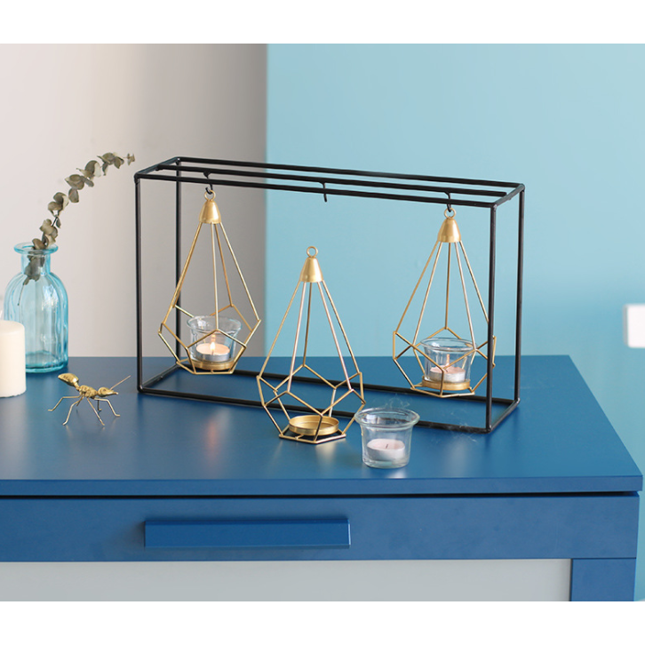Candle Holder and Tealight with Modern Geometric Metal Frame and Gold Wire Cages