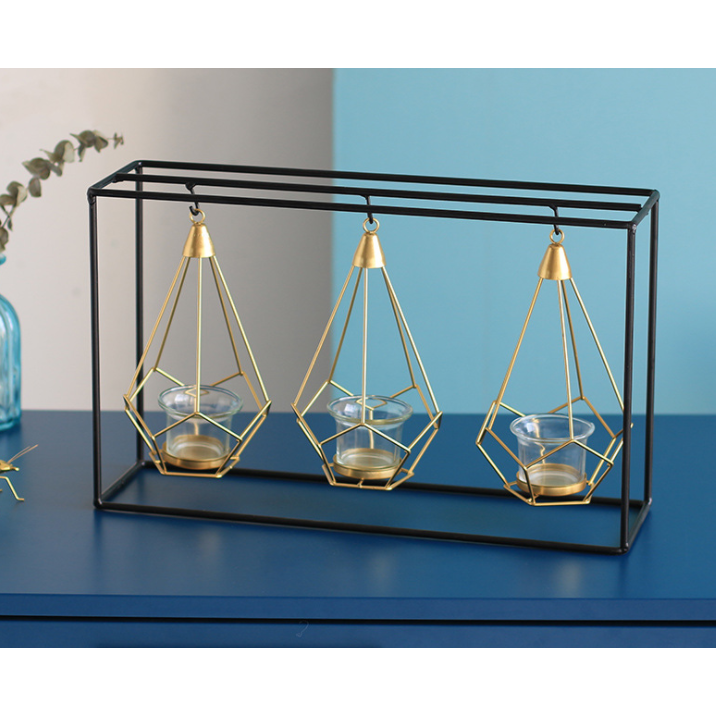 Candle Holder and Tealight with Modern Geometric Metal Frame and Gold Wire Cages