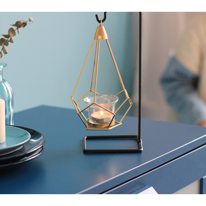 Candle Holder and Tealight with Modern Geometric Metal Frame and Gold Wire Cages