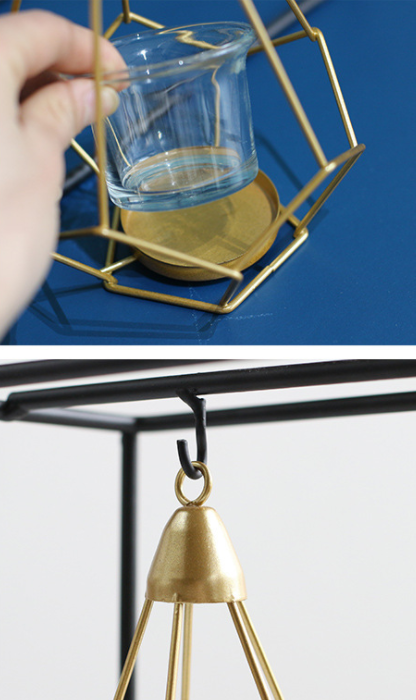 Candle Holder and Tealight with Modern Geometric Metal Frame and Gold Wire Cages