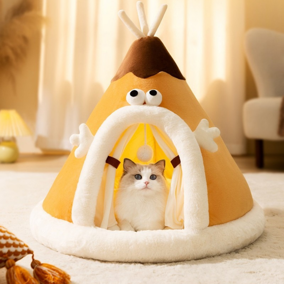 Cat Bed Tent with Plush Fleece Hanging Toy and Removable Cushion Outdoor Home