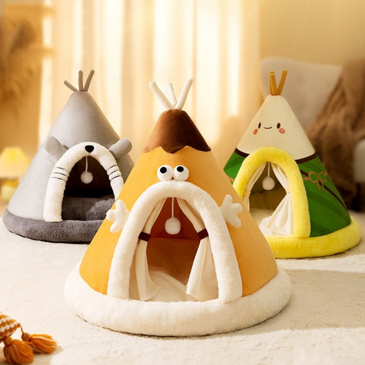 Cat Bed Tent with Plush Fleece Hanging Toy and Removable Cushion Outdoor Home