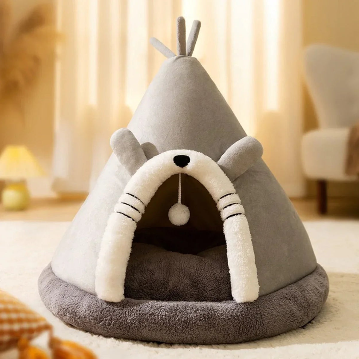 Cat Bed Tent with Plush Fleece Hanging Toy and Removable Cushion Outdoor Home