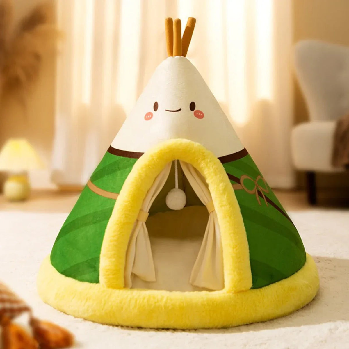 Cat Bed Tent with Plush Fleece Hanging Toy and Removable Cushion Outdoor Home