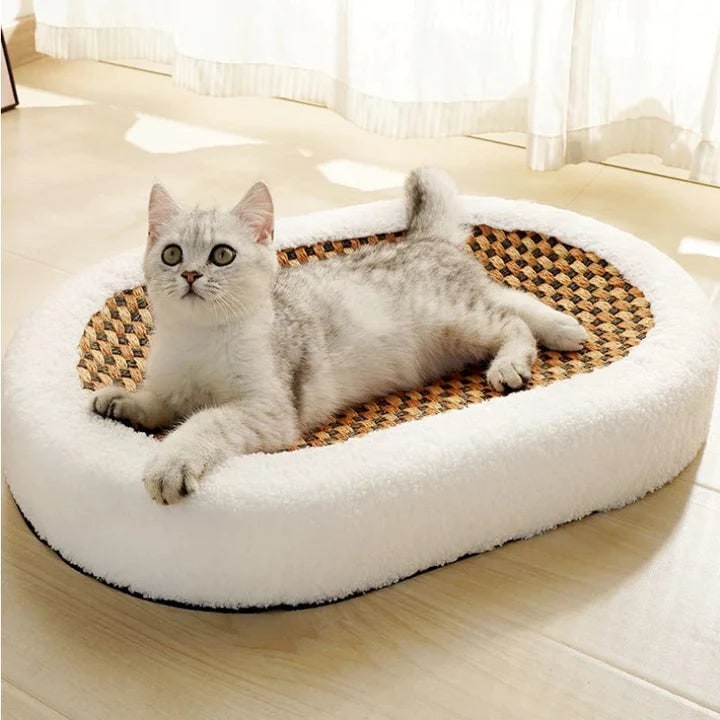 Cat Scratcher Bed with Heated Bolster Self Warming Sisal Mat and Oval Sherpa Fleece Design