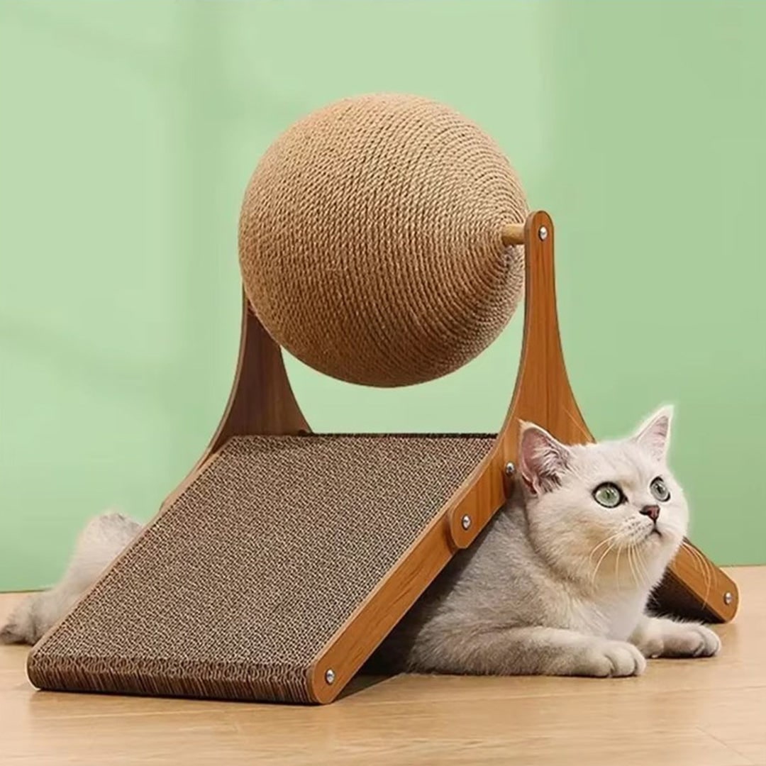 Cat Scratching Post Ball with Cardboard Ramp and Sisal Rotating Toy With Base