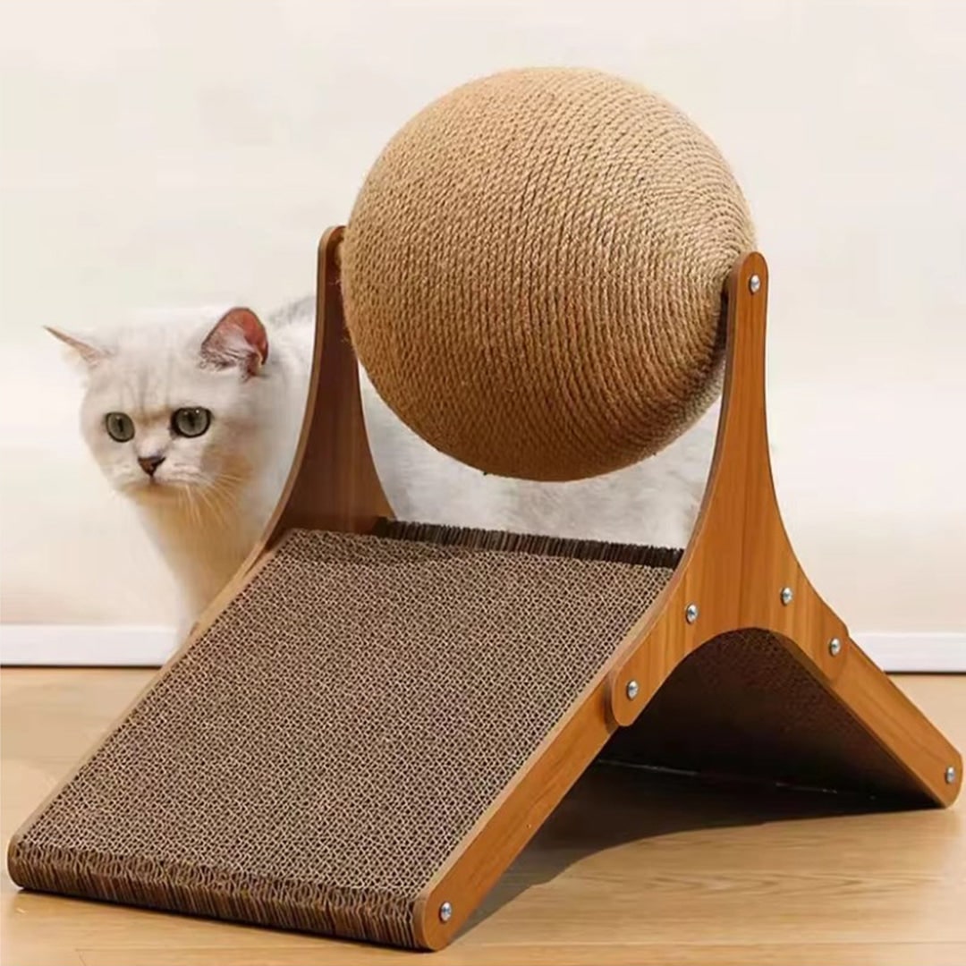 Cat Scratching Post Ball with Cardboard Ramp and Sisal Rotating Toy With Base