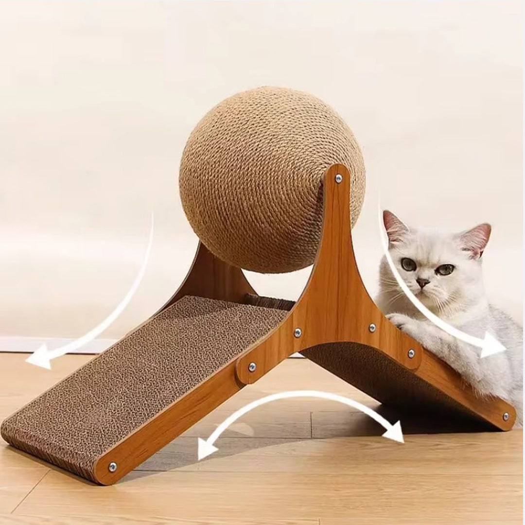 Cat Scratching Post Ball with Cardboard Ramp and Sisal Rotating Toy With Base