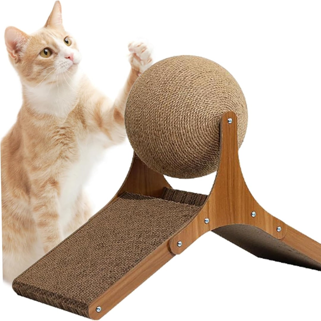 Cat Scratching Post Ball with Cardboard Ramp and Sisal Rotating Toy With Base