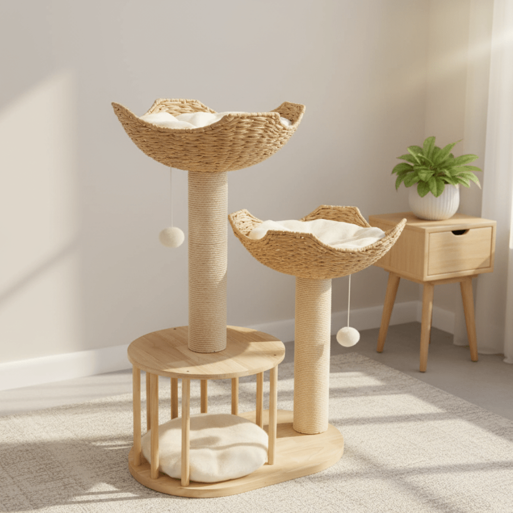 Cat Tree Condo Tower with Sisal Scratching Posts and Woven Basket Beds Floor To Ceiling