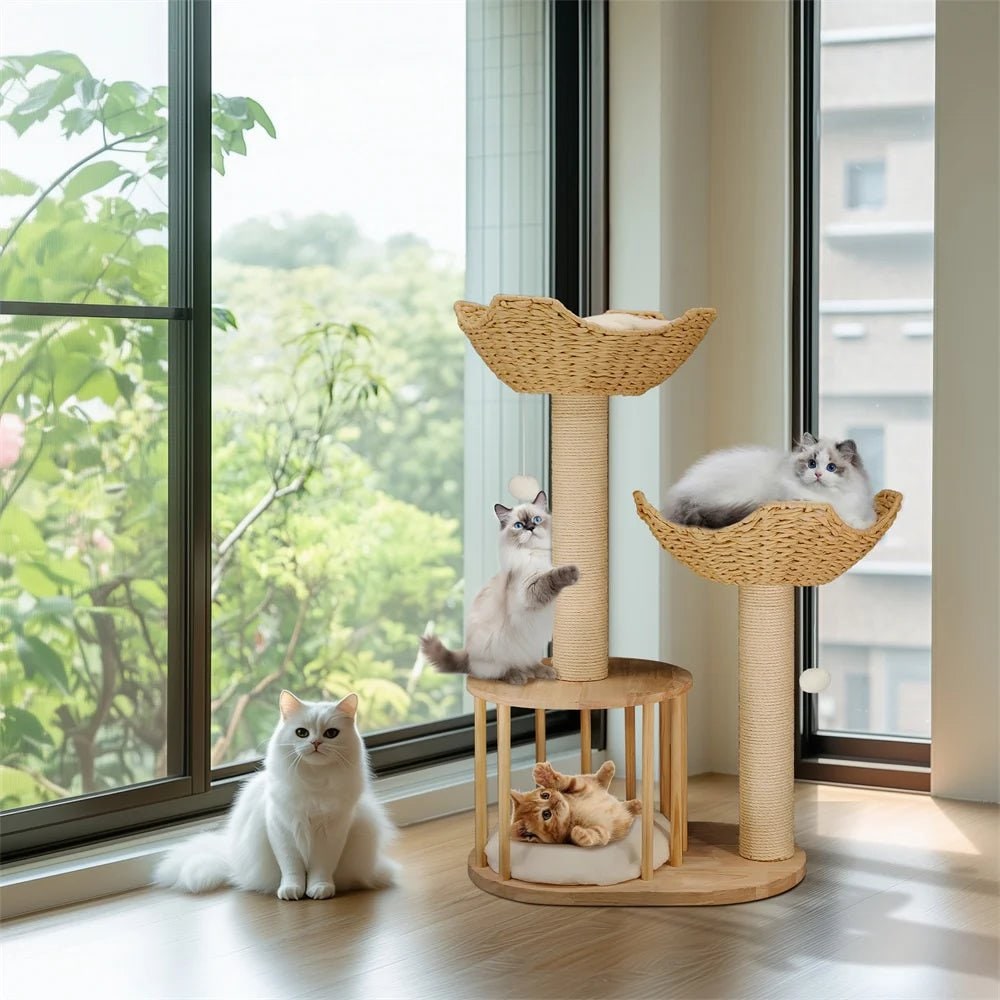 Cat Tree Condo Tower with Sisal Scratching Posts and Woven Basket Beds Floor To Ceiling