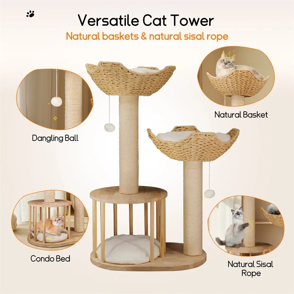 Cat Tree Condo Tower with Sisal Scratching Posts and Woven Basket Beds Floor To Ceiling