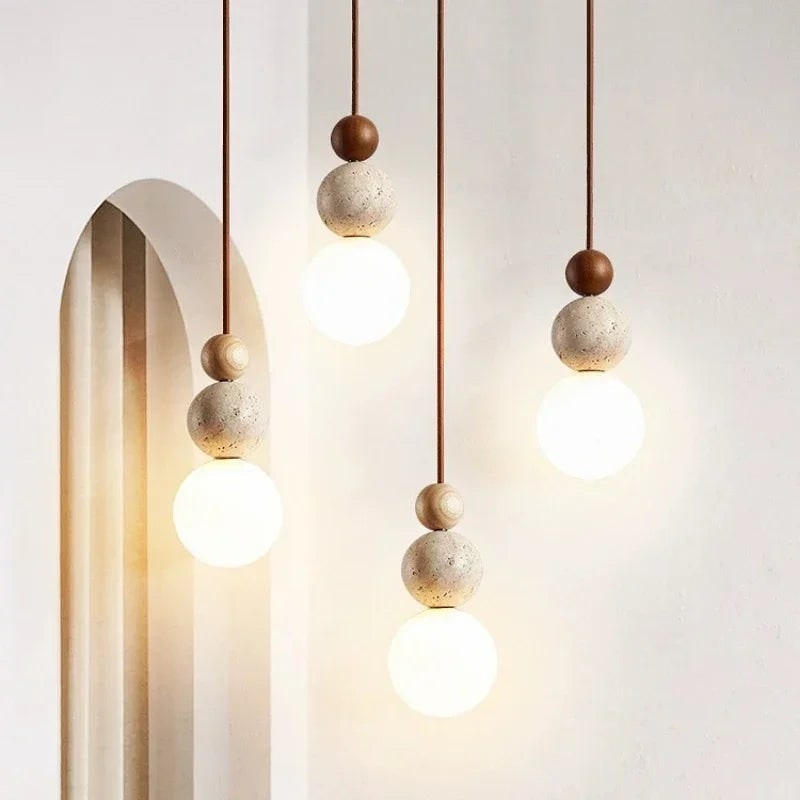 Ceiling Hanging Globe Pendant Light with Frosted Glass and Travertine Spheres