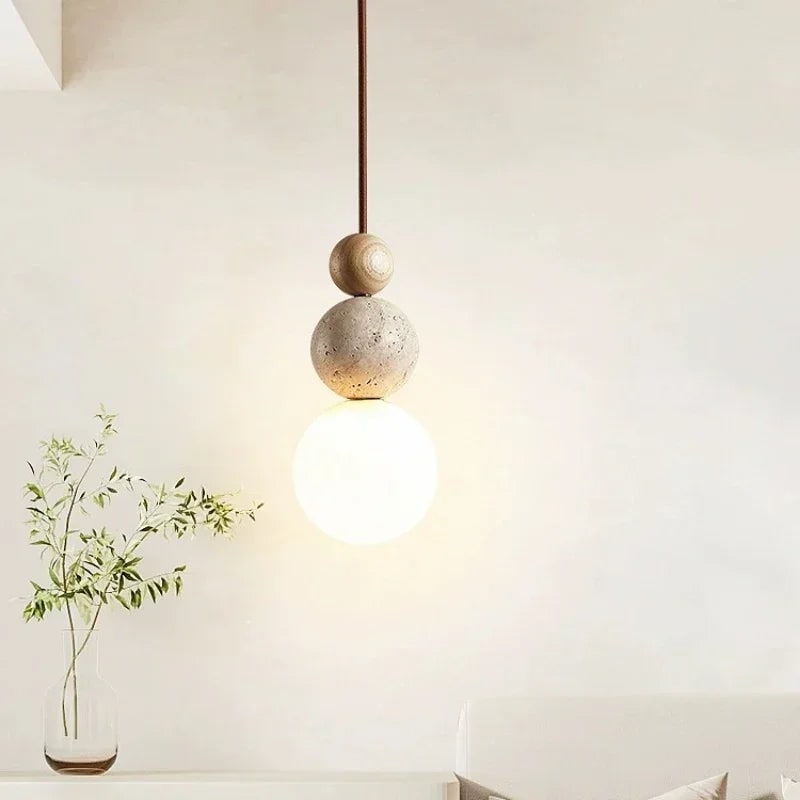 Ceiling Hanging Globe Pendant Light with Frosted Glass and Travertine Spheres