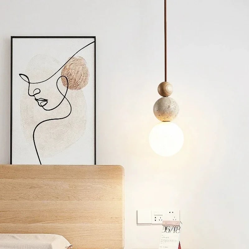 Ceiling Hanging Globe Pendant Light with Frosted Glass and Travertine Spheres