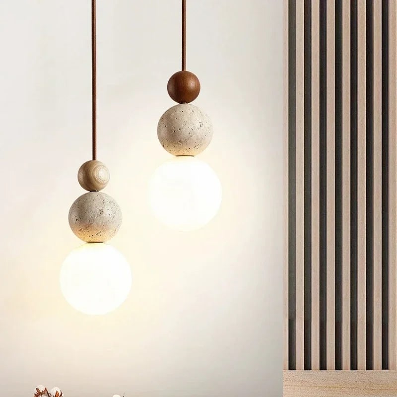 Ceiling Hanging Globe Pendant Light with Frosted Glass and Travertine Spheres