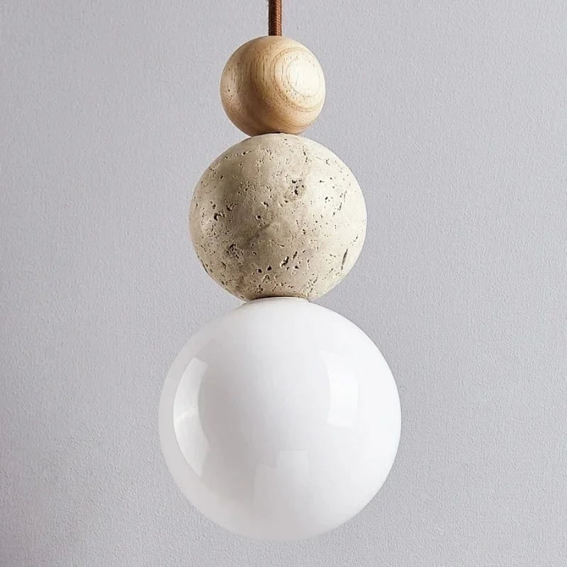Ceiling Hanging Globe Pendant Light with Frosted Glass and Travertine Spheres
