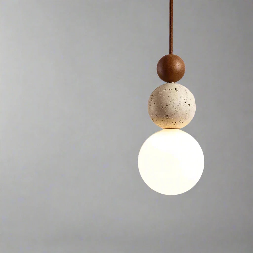 Ceiling Hanging Globe Pendant Light with Frosted Glass and Travertine Spheres
