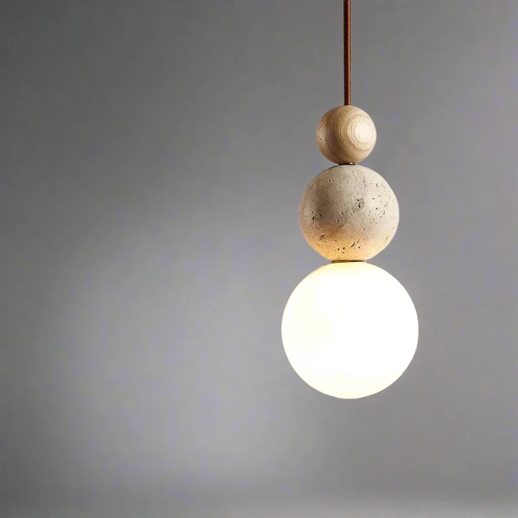 Ceiling Hanging Globe Pendant Light with Frosted Glass and Travertine Spheres