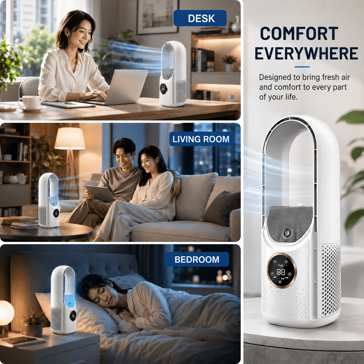 Portable Bladeless Desk Tower Fan with Adjustable Airflow