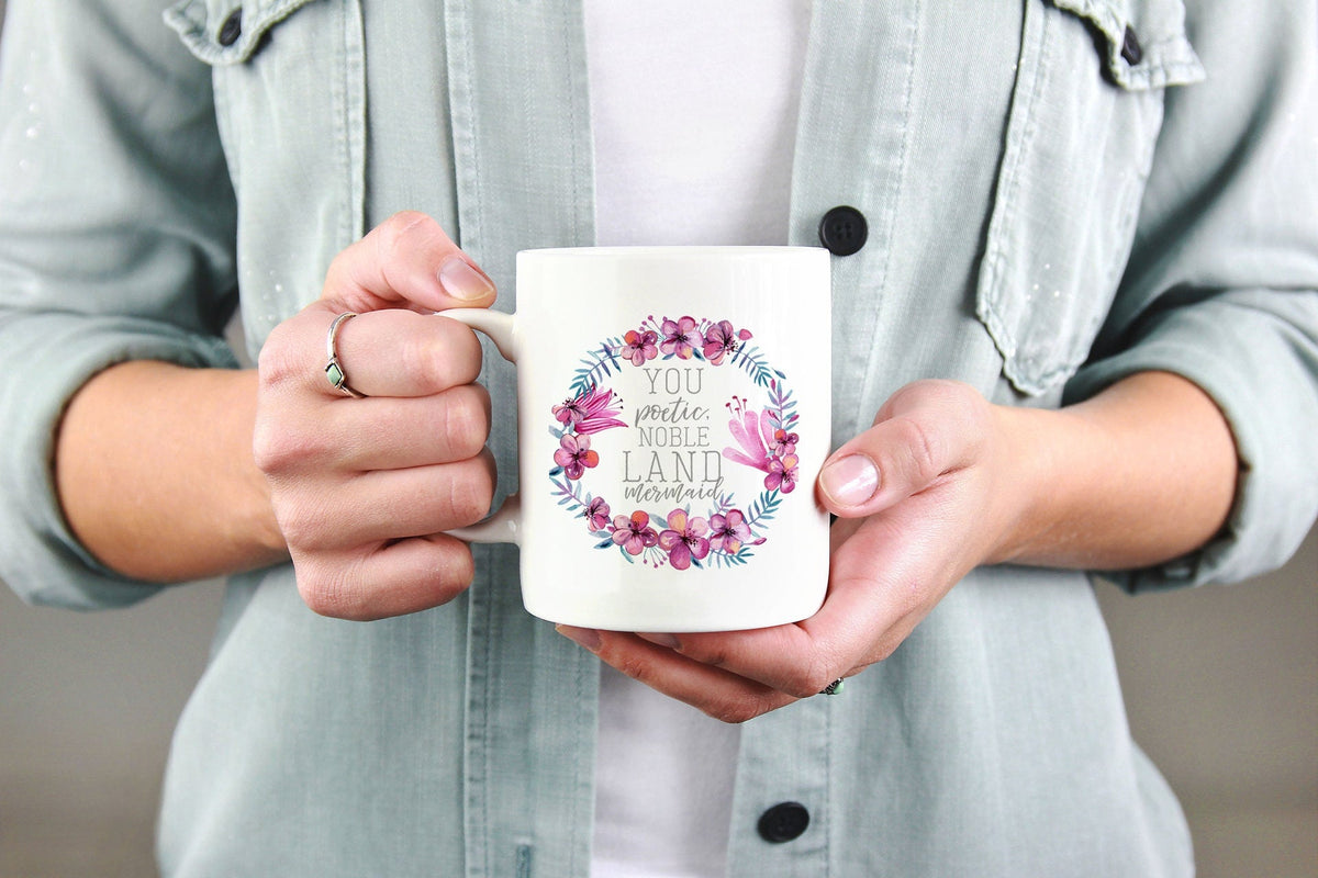 Ceramic Coffee Mug with Floral Wreath Design and Custom Cups Gift Set Reusable