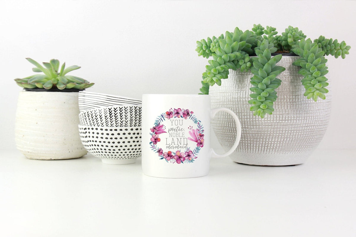 Ceramic Coffee Mug with Floral Wreath Design and Custom Cups Gift Set Reusable