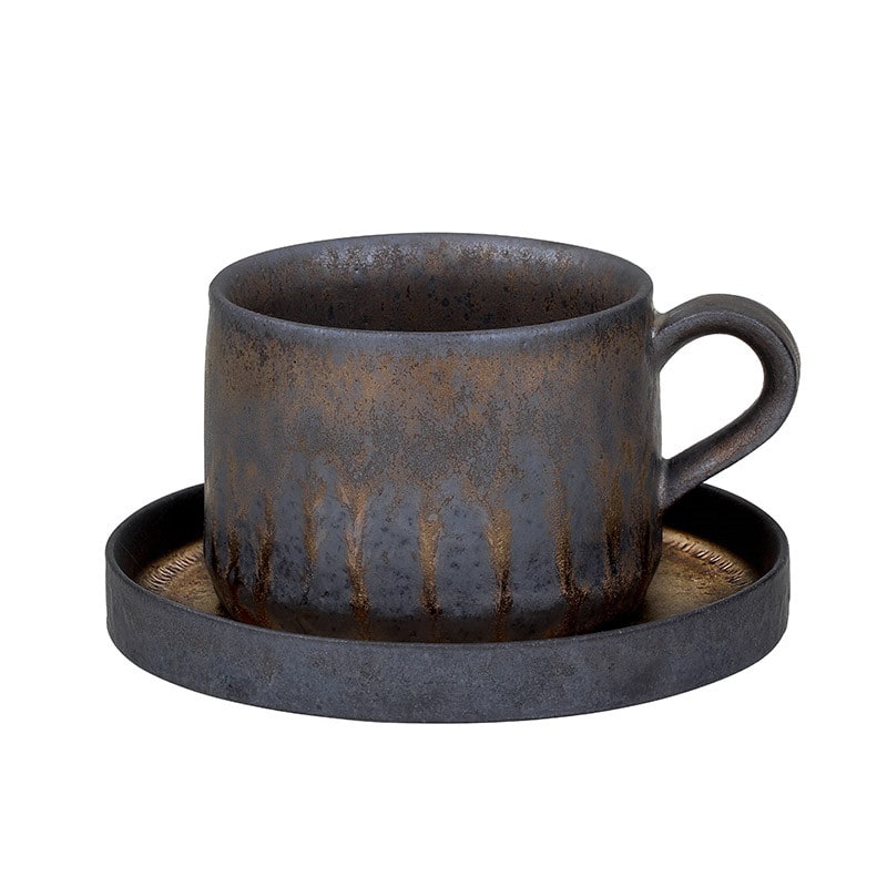 Ceramic Reusable Iced Coffee Cup with Saucer Handmade Stoneware Metallic Glaze Drip Finish