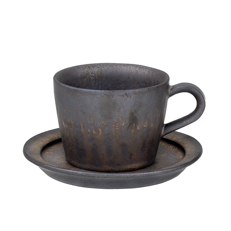 Ceramic Reusable Iced Coffee Cup with Saucer Handmade Stoneware Metallic Glaze Drip Finish