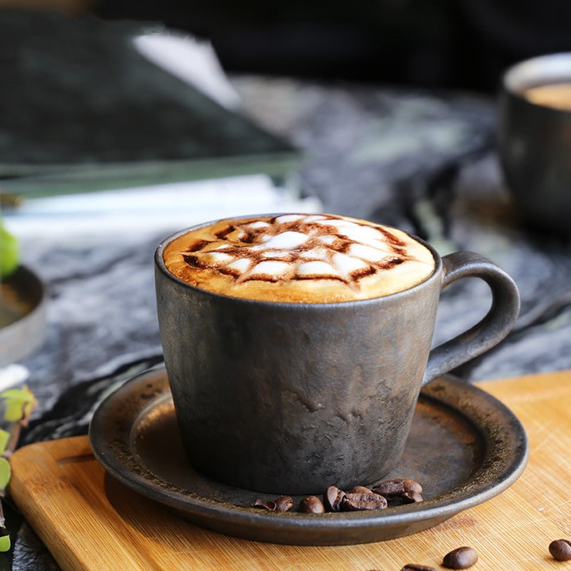 Ceramic Reusable Iced Coffee Cup with Saucer Handmade Stoneware Metallic Glaze Drip Finish