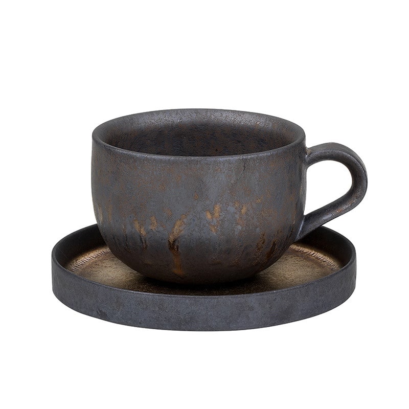 Ceramic Reusable Iced Coffee Cup with Saucer Handmade Stoneware Metallic Glaze Drip Finish