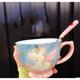 Ceramic Soup Mug with Stainless Steel Spoon Microwave Safe Pedestal Bowl Handle Travel