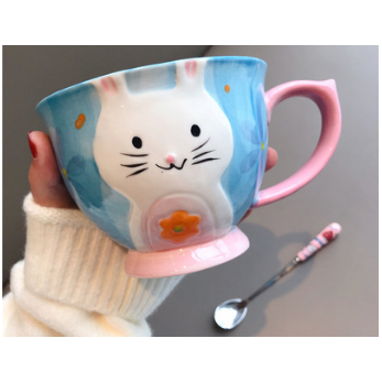 Ceramic Soup Mug with Stainless Steel Spoon Microwave Safe Pedestal Bowl Handle Travel